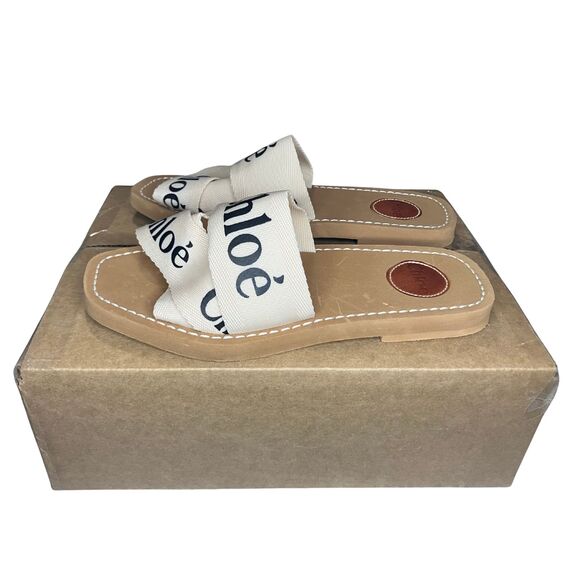 Chloé Woody Logo Ribbon Slides Sandals Beige/Tan Women’s 39 (US 9) - Picture 3 of 9